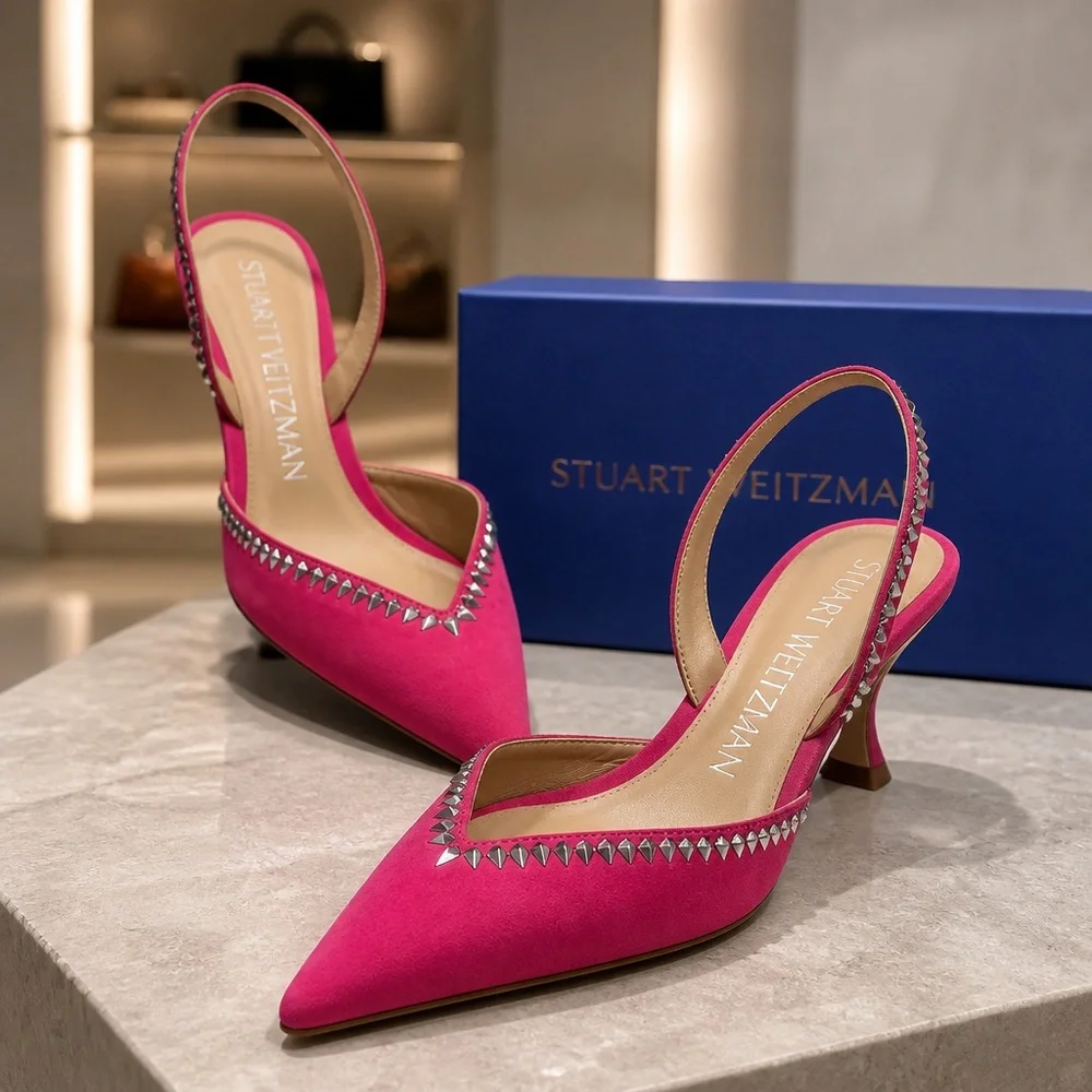 Stuart Weitzman Women’s Suede Pink Pointed Slingback Heels with Cristal Studs